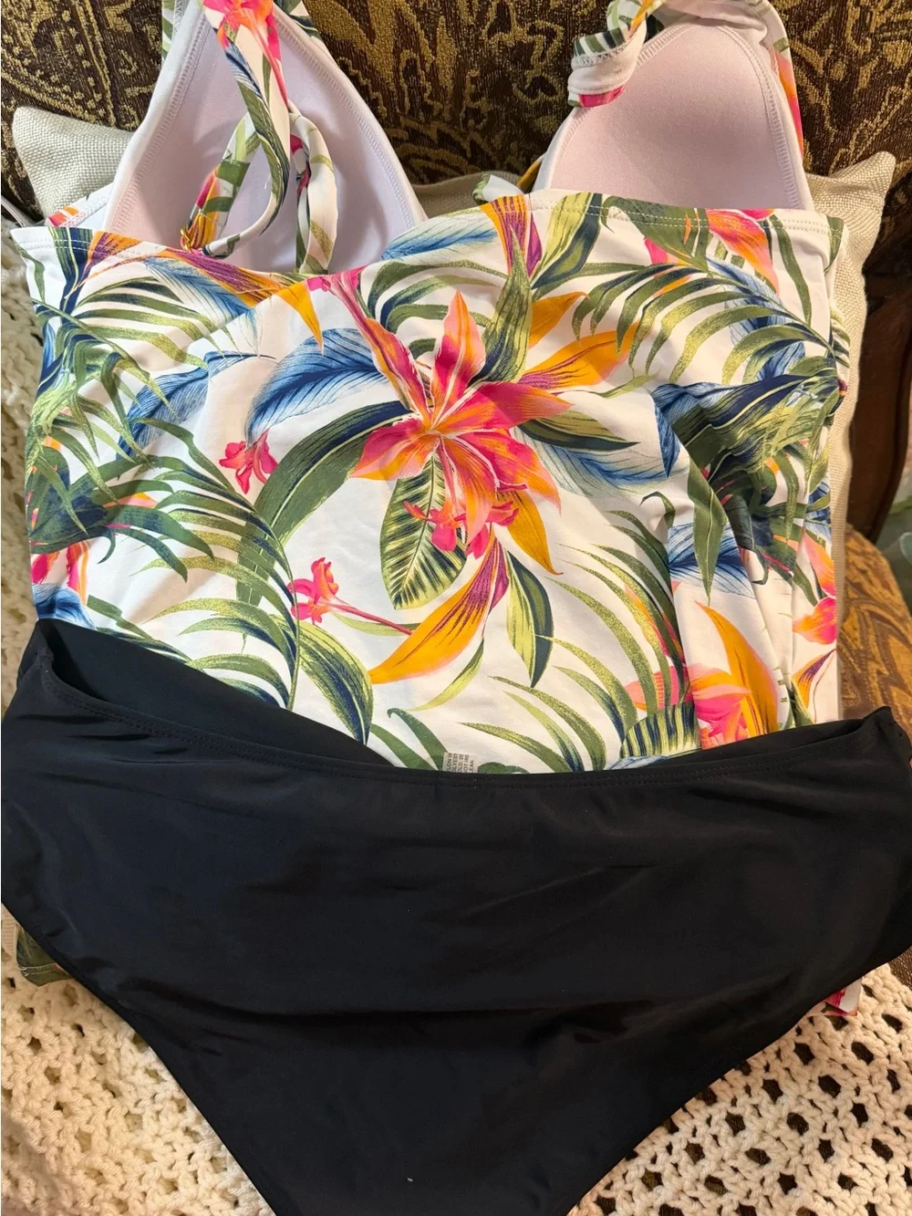 Tropical Print Women’s Swimsuit with Black Fold Waist